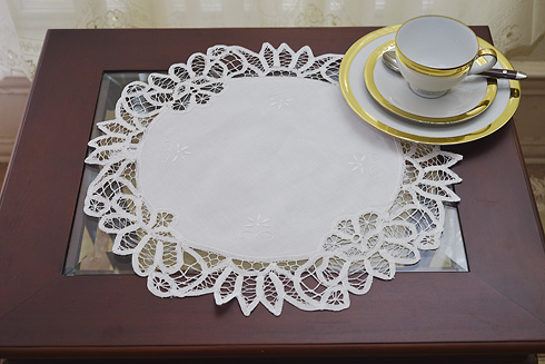 Round Battenburg Placemat. 16" Round. White. 2 pieces pack